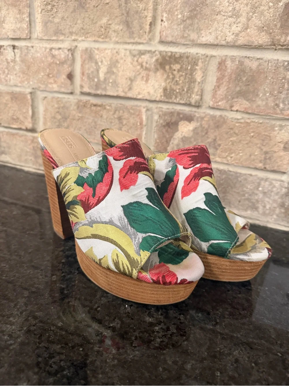 ASOS Floral Platform Block Heel Mules - Red, Green, Yellow